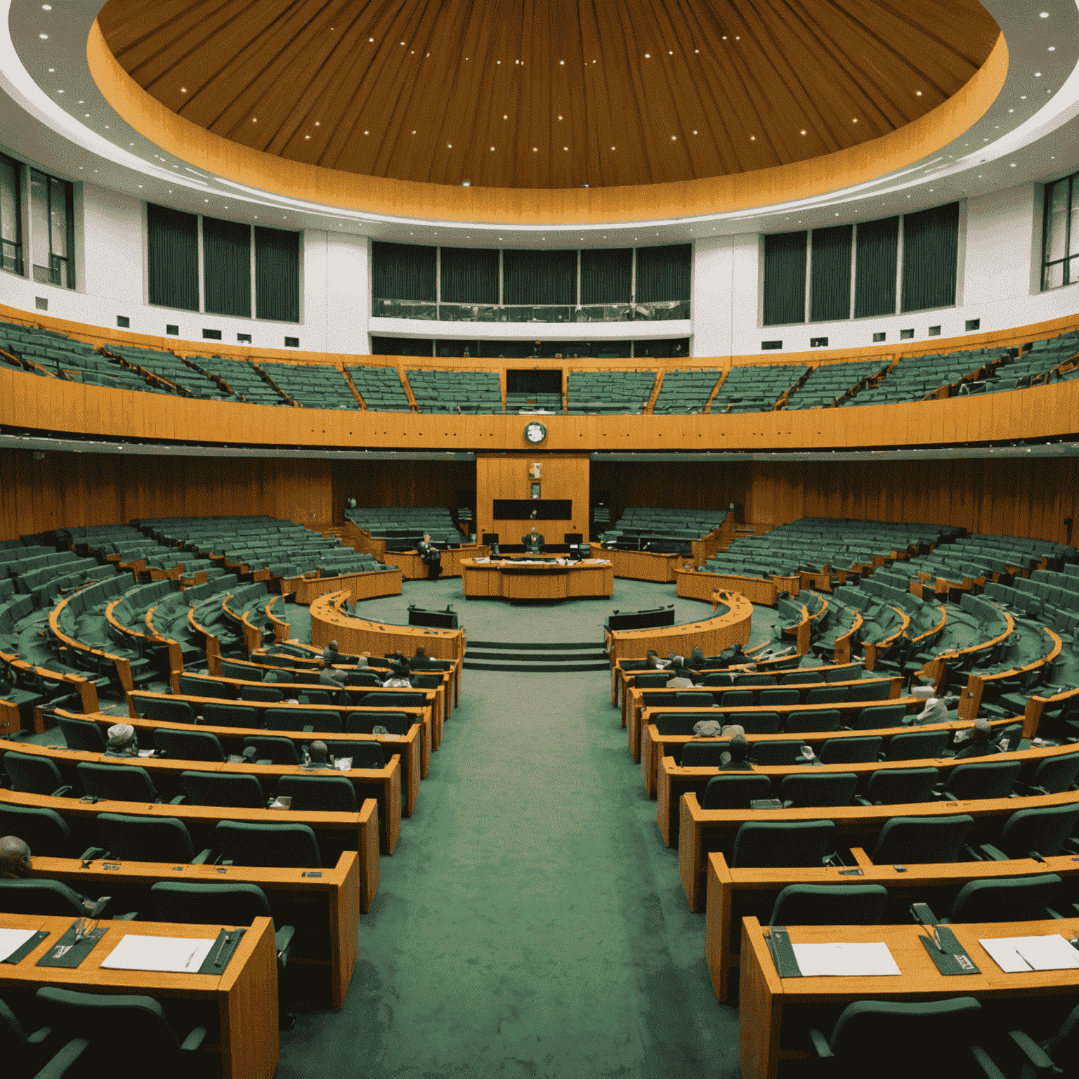 South African Parliament building with finance minister presenting budget speech at podium