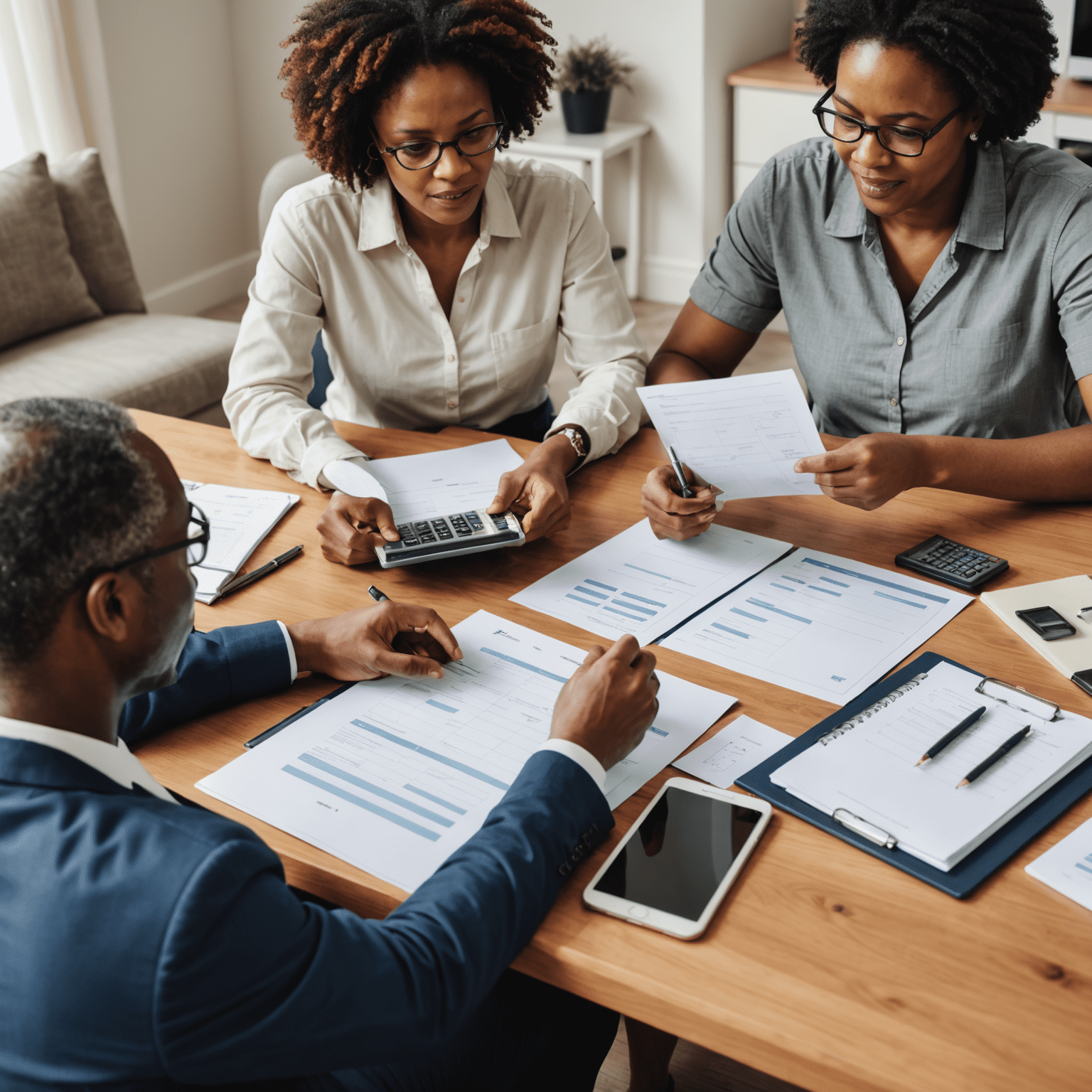 A South African family reviewing financial documents with a professional planner, showcasing diverse investment options and a calculator on the table