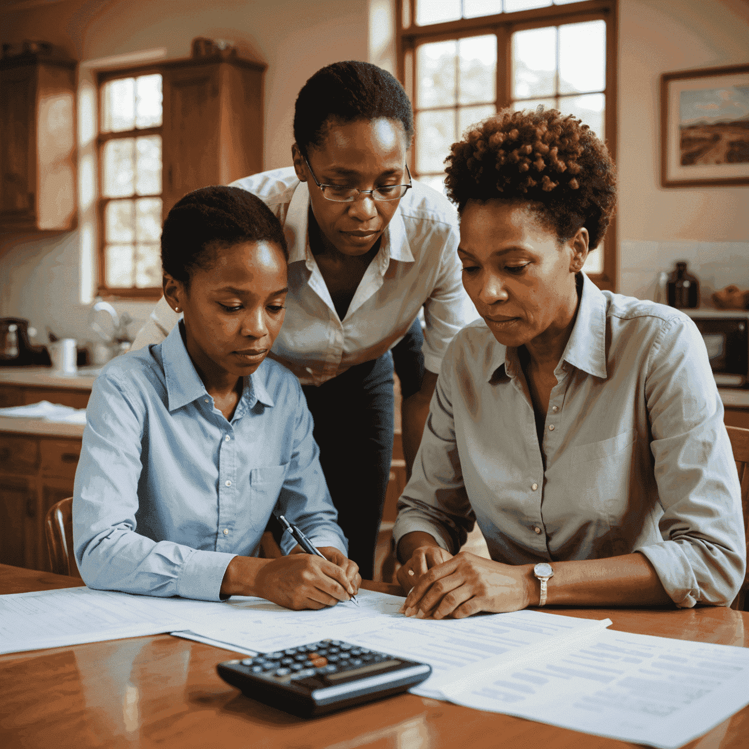 A South African family sitting at a table, reviewing financial documents and using a calculator. The image conveys a sense of teamwork and careful planning.