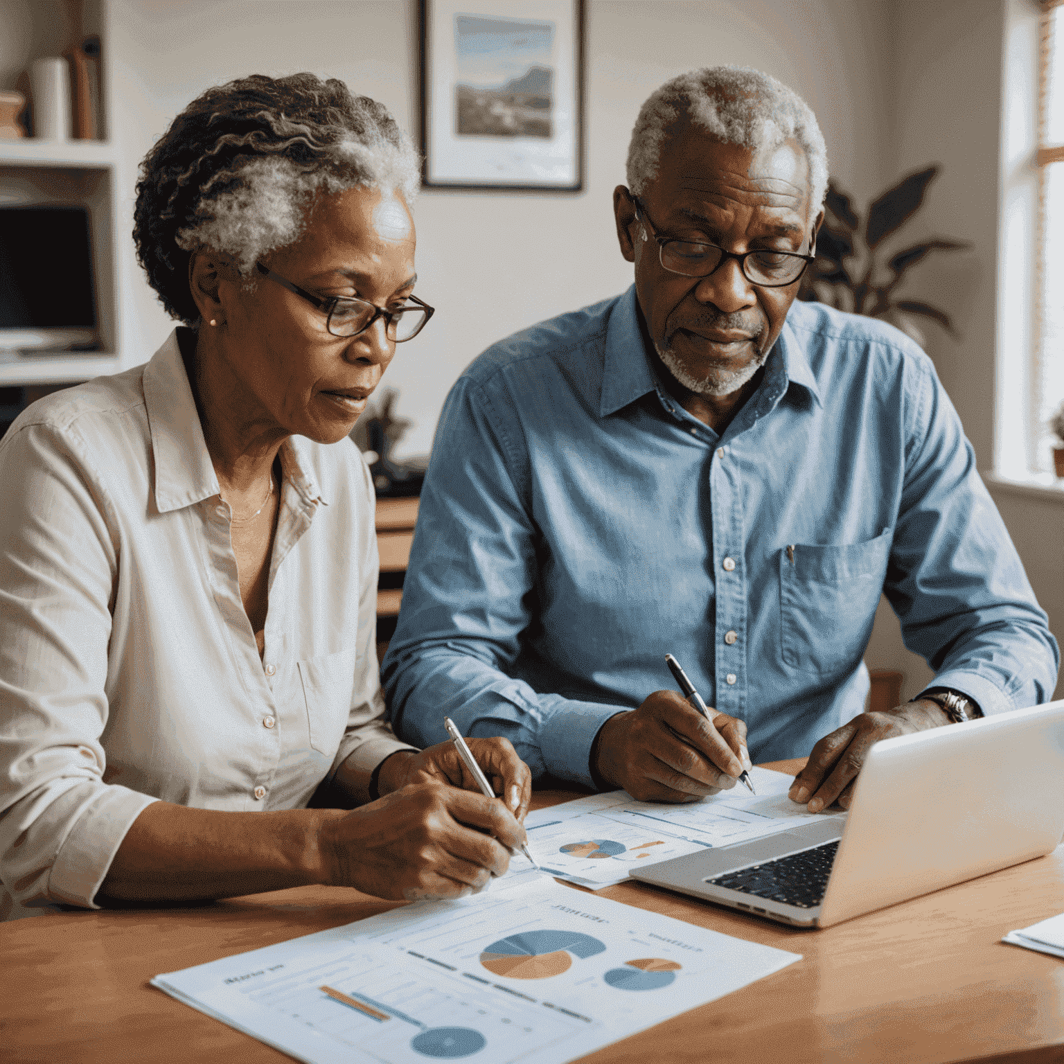 An image of a mature South African couple reviewing retirement plans together, sitting at a desk with financial documents and a laptop showing graphs of investment growth