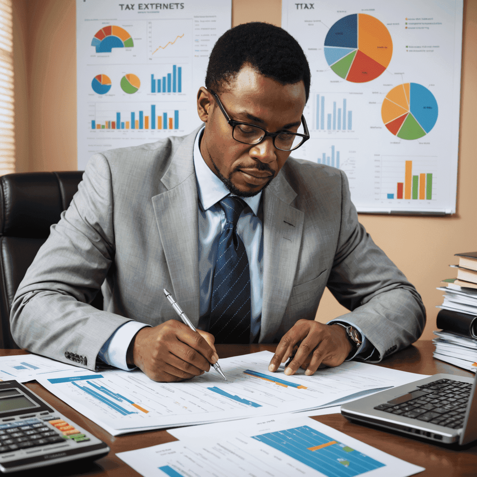 A South African professional reviewing tax documents and financial statements, surrounded by charts and graphs showing optimized tax strategies. The image conveys a sense of careful planning and financial expertise in the context of South African tax laws.