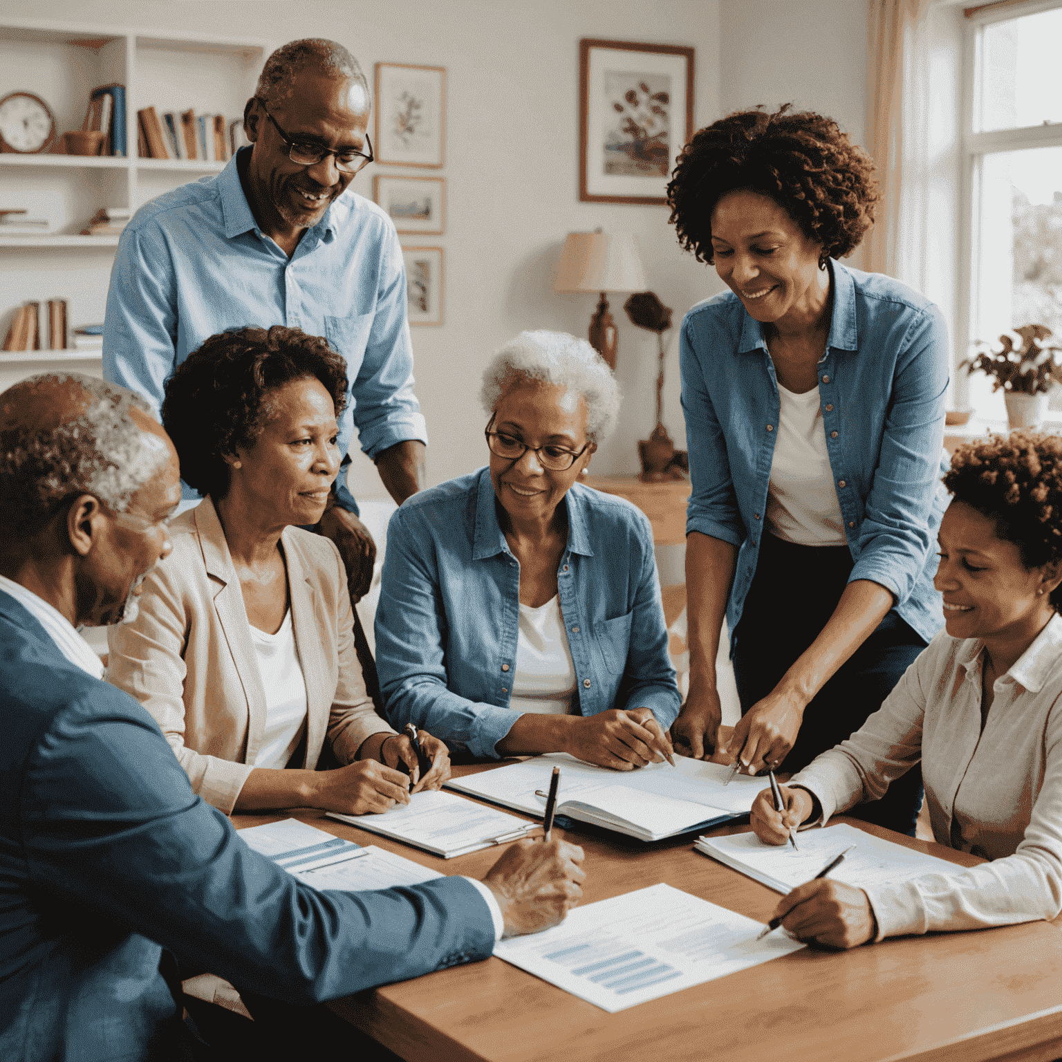 An image depicting a South African family discussing estate planning with a financial advisor. The image shows a diverse group of people, including elderly parents and adult children, sitting around a table with documents and a computer, symbolizing the importance of family involvement in estate planning.