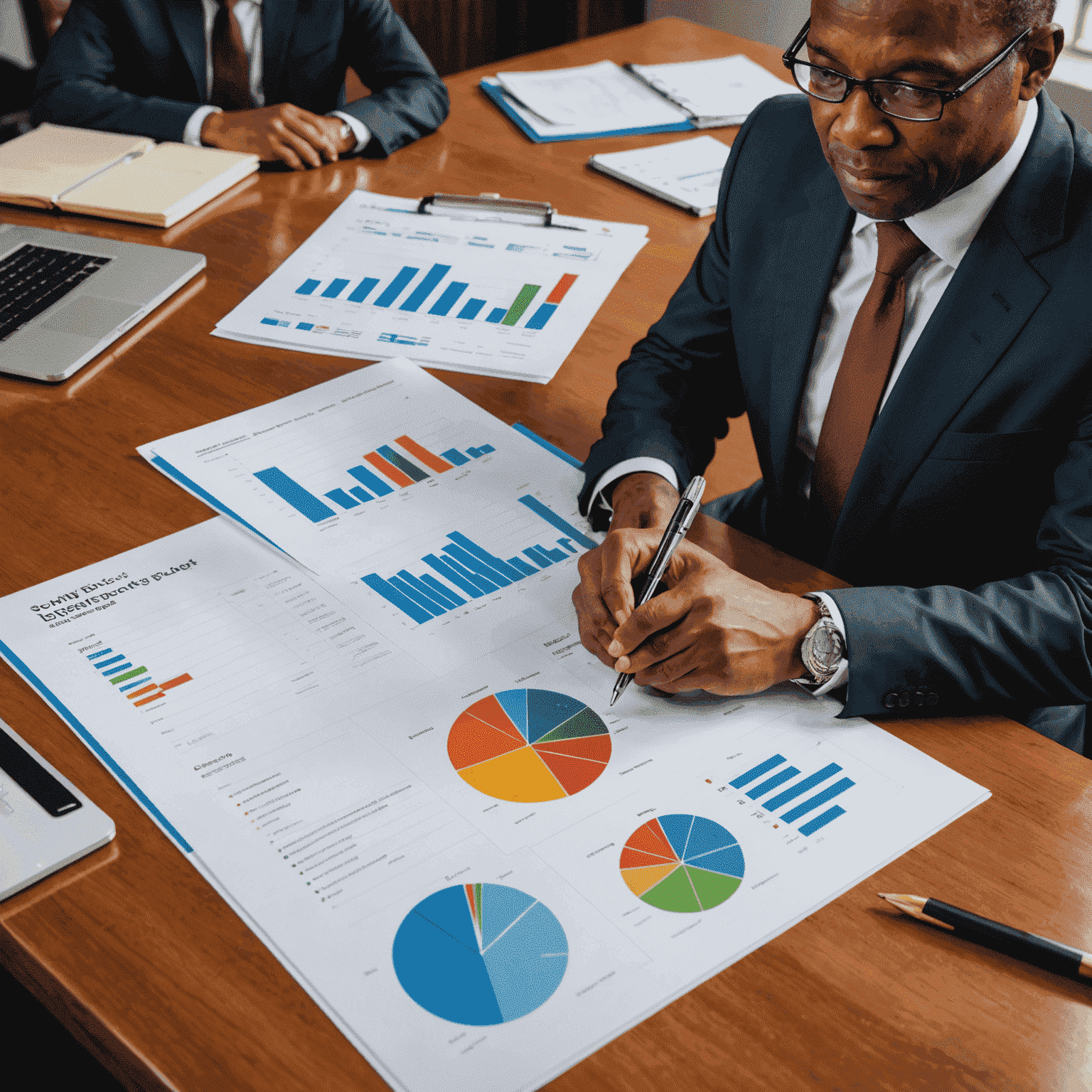 A South African government official presenting the national budget with charts and graphs
