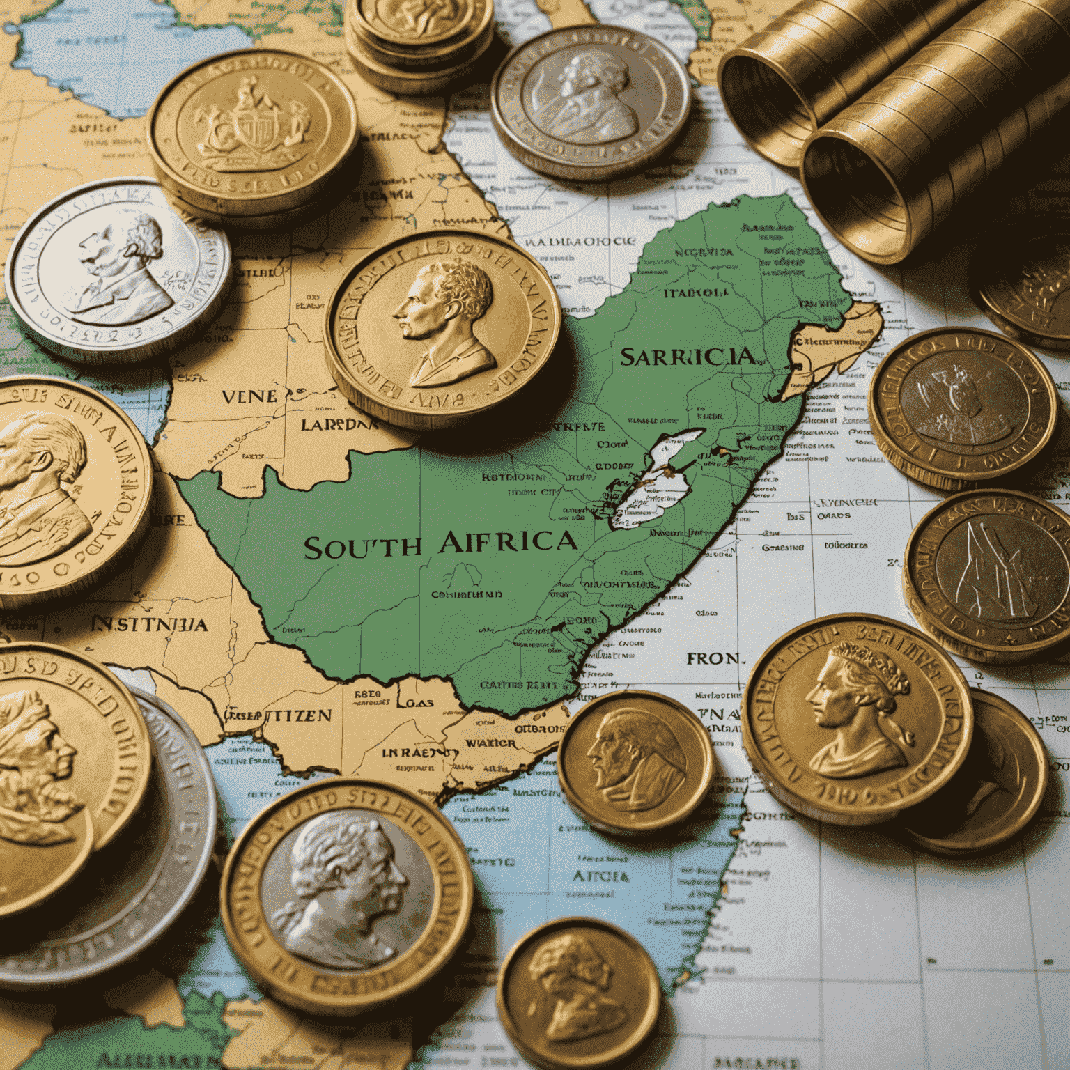 A collage of South African investment options including JSE stock charts, property images, and gold coins, with a map of South Africa in the background