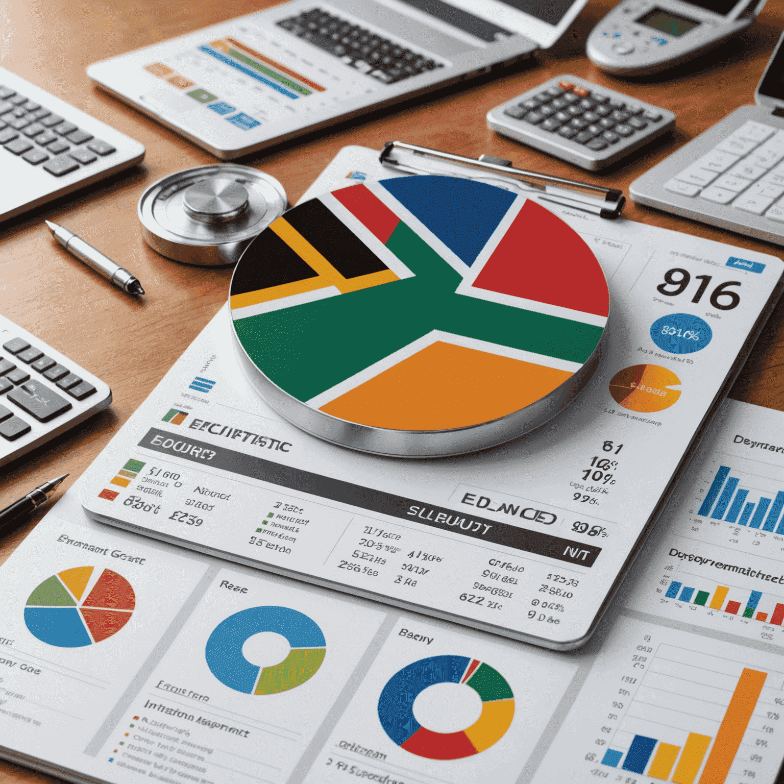 A dashboard showing various South African economic indicators such as GDP, inflation rate, and unemployment figures
