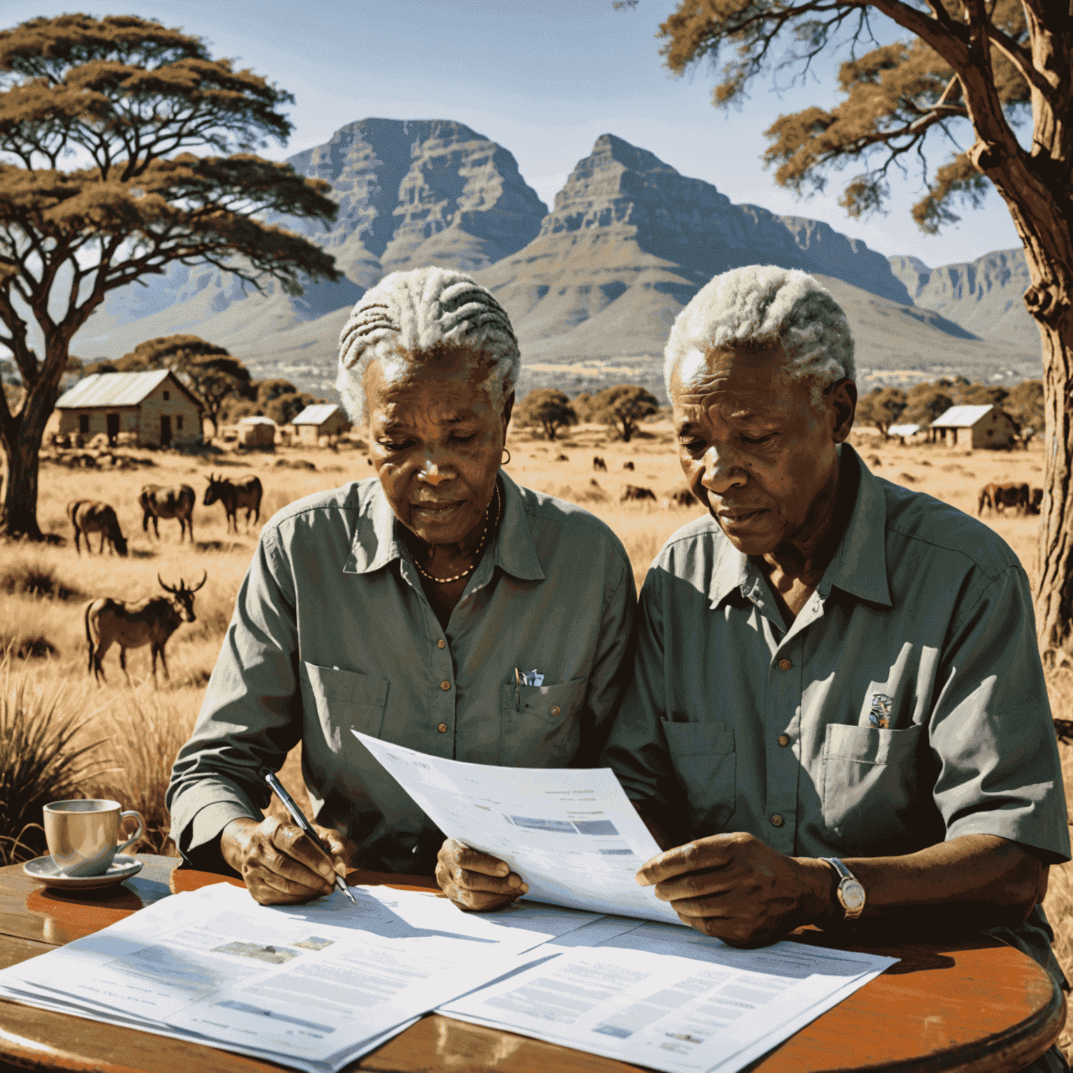 An older South African couple reviewing retirement documents, with visual representations of pension and provident funds, and iconic South African landscapes symbolizing a comfortable retirement