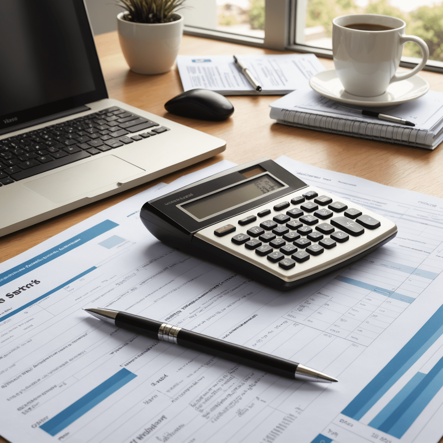 A desk with South African tax forms, a calculator, and a computer showing tax software, with a graph illustrating reduced tax liability