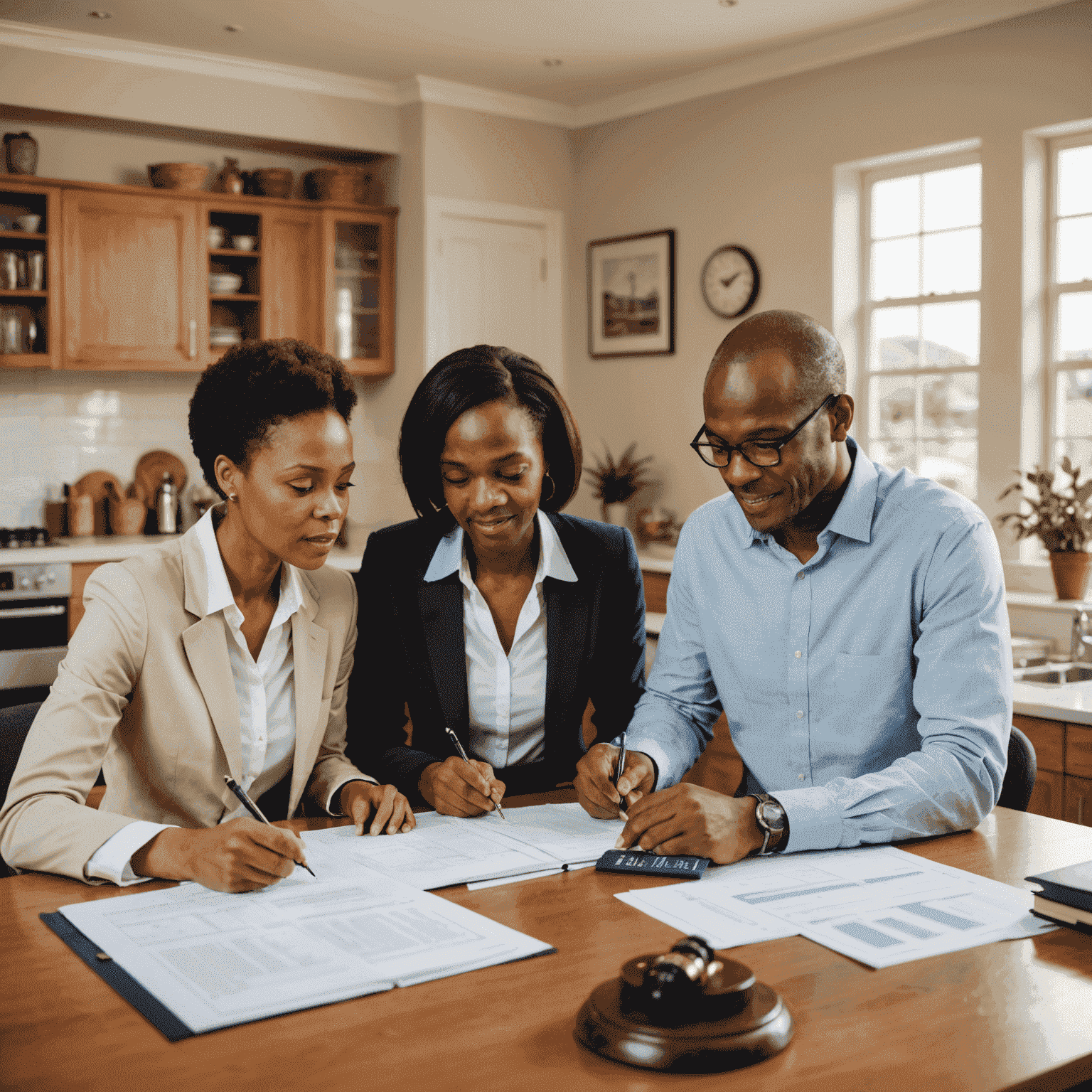 A South African family discussing estate plans with a lawyer, documents showing wills and trusts, and a model house representing property management